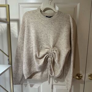 French Connection Ruched Front Tie Knit Sweater – Soft Marl Beige, Size M